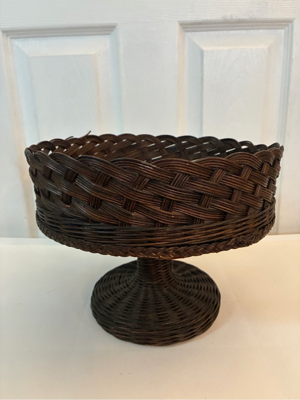 Vintage Handwoven Rattan Pedestal Bowl Scalloped Rim Wicker Centerpiece Rustic